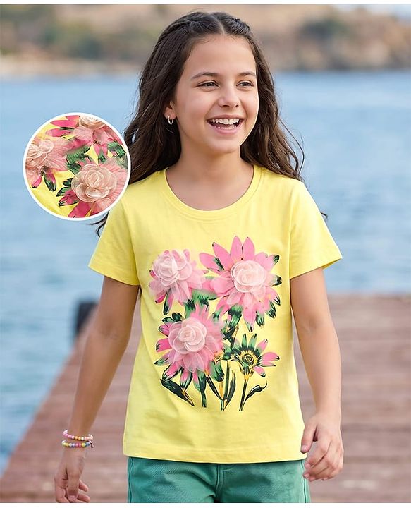 Pine Kids Cotton Knit Half Sleeves T-Shirt With Floral Print & Applique - Yellow