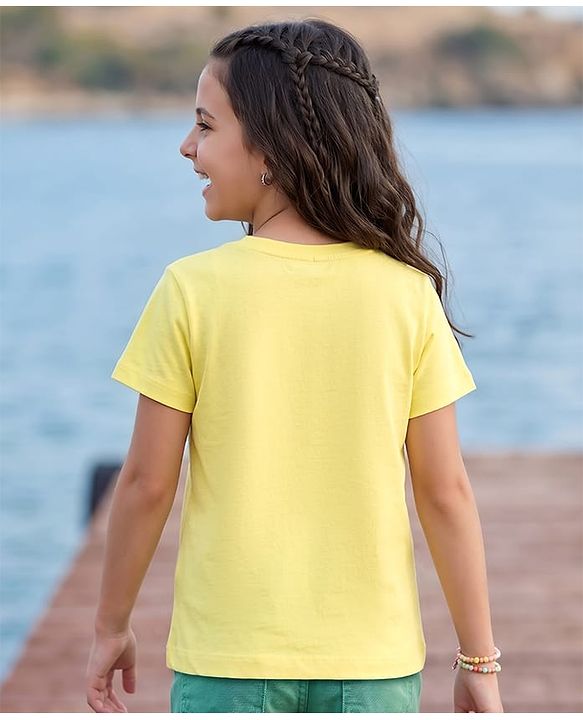 Pine Kids Cotton Knit Half Sleeves T-Shirt With Floral Print & Applique - Yellow