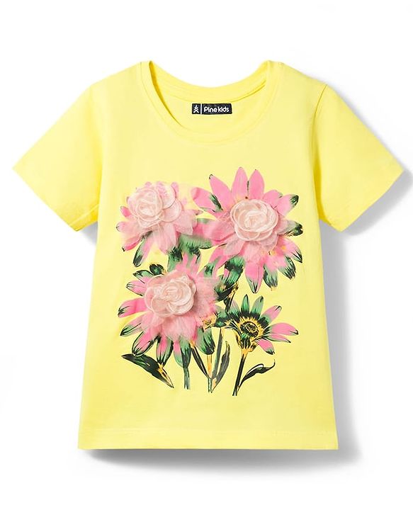 Pine Kids Cotton Knit Half Sleeves T-Shirt With Floral Print & Applique - Yellow