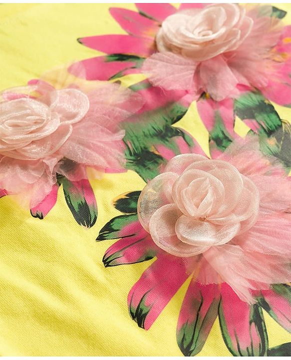 Pine Kids Cotton Knit Half Sleeves T-Shirt With Floral Print & Applique - Yellow