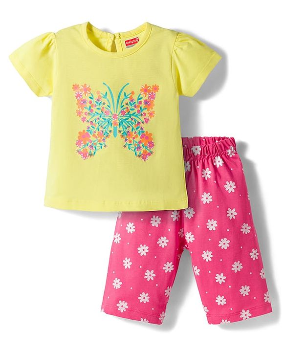 Babyhug Cotton Knit Half Sleeves T-Shirt & Capri Night Suit With Floral Print - Yellow