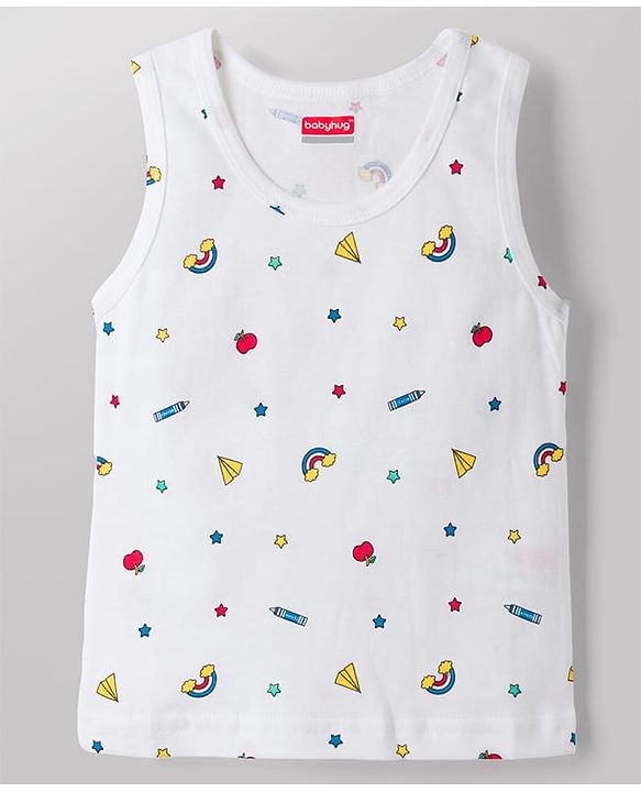 Babyhug 100% Cotton Knit Sleeveless Sando Vests With Teddy Bear & RainbowPrint Pack of 3 - Multicolor