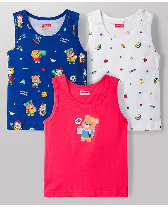 Babyhug 100% Cotton Knit Sleeveless Sando Vests With Teddy Bear & RainbowPrint Pack of 3 - Multicolor