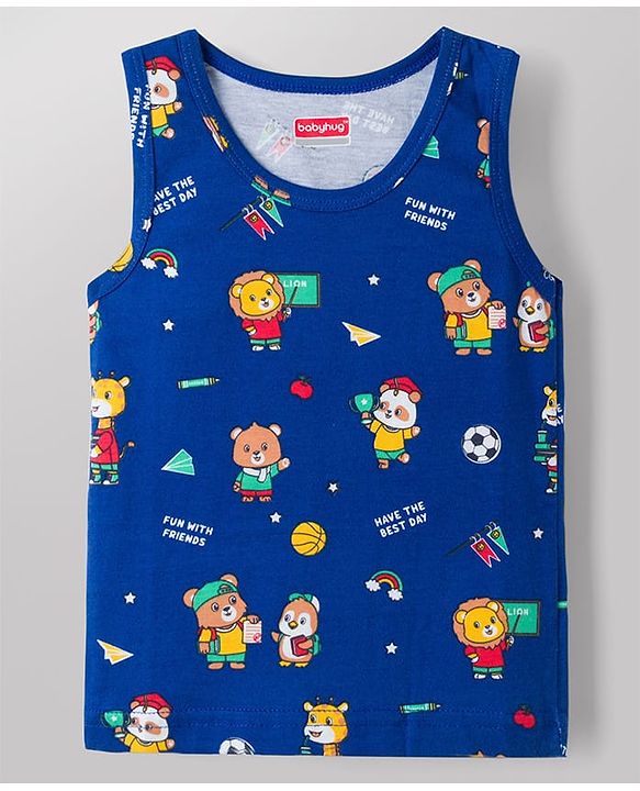 Babyhug 100% Cotton Knit Sleeveless Sando Vests With Teddy Bear & RainbowPrint Pack of 3 - Multicolor