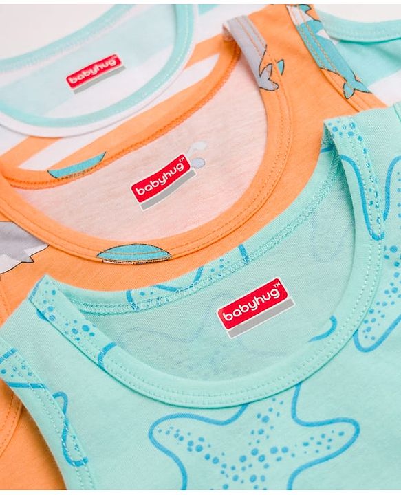 Babyhug 100% Cotton Single Jersey Knit Sleeveless Vests With Sea Life Print Pack of 3 - Multicolor