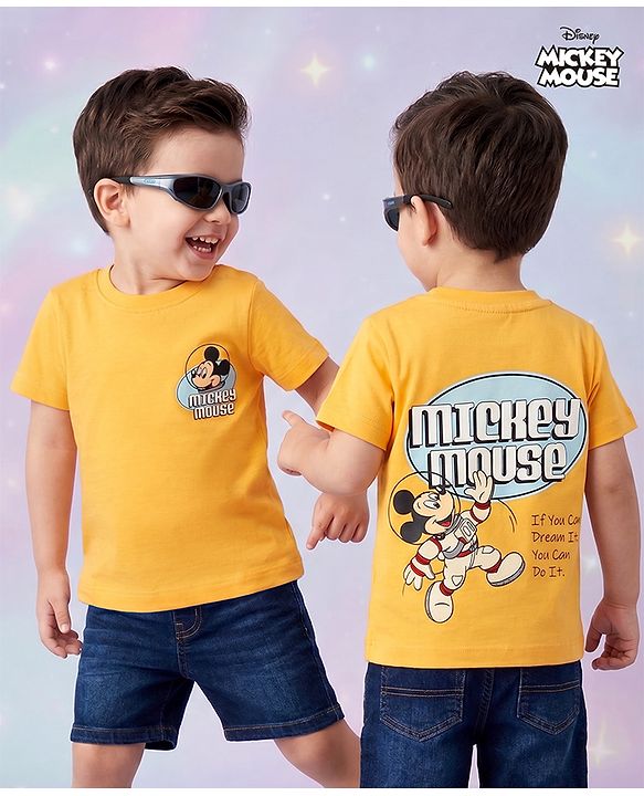 Babyhug Disney Single Jersey Knit T-Shirt with Half Sleeves & Mickey Mouse Graphic in Orange