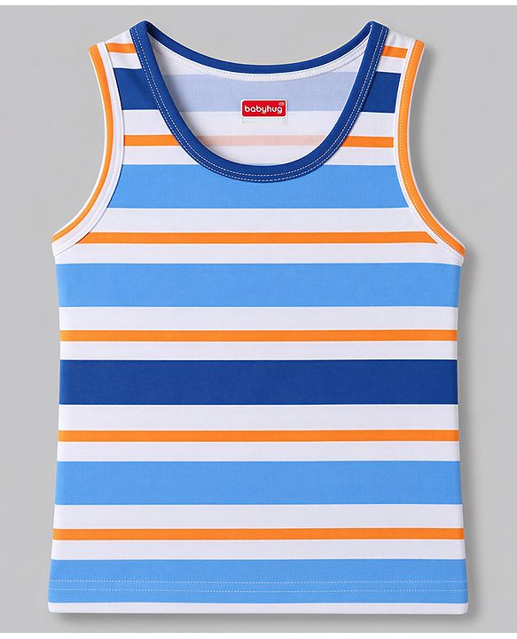 Babyhug 100% Cotton Knit Sleeveless Striped Nautical Theme & Sea Life Printed Vests Pack Of 3 - Blue & White