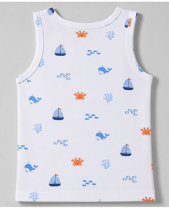 Babyhug 100% Cotton Knit Sleeveless Striped Nautical Theme & Sea Life Printed Vests Pack Of 3 - Blue & White