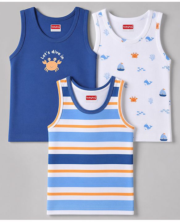 Babyhug 100% Cotton Knit Sleeveless Striped Nautical Theme & Sea Life Printed Vests Pack Of 3 - Blue & White