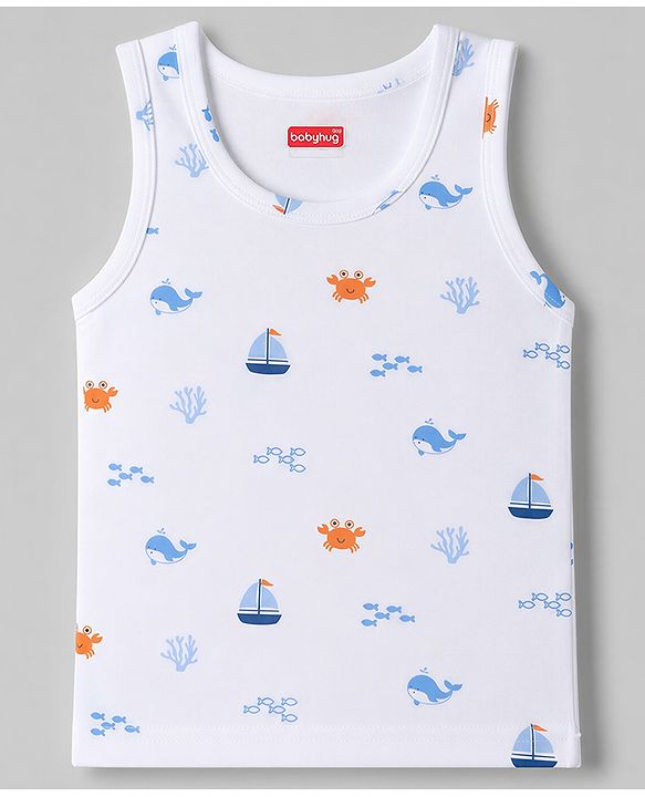 Babyhug 100% Cotton Knit Sleeveless Striped Nautical Theme & Sea Life Printed Vests Pack Of 3 - Blue & White