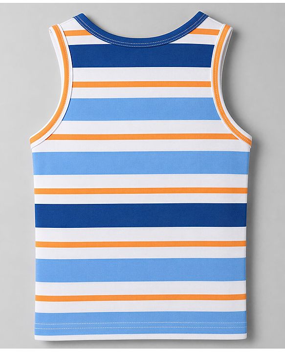 Babyhug 100% Cotton Knit Sleeveless Striped Nautical Theme & Sea Life Printed Vests Pack Of 3 - Blue & White