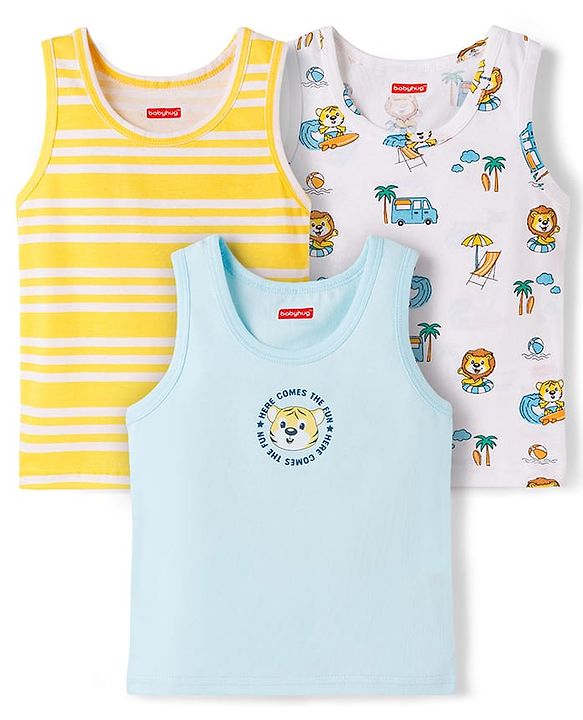 Babyhug 100% Cotton Knit Sleeveless Striped & Printed Sando Vests Pack of 3 - Multicolor