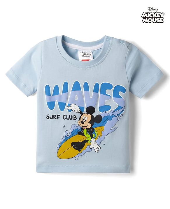 Babyhug Disney Single Jersey Knit Half Sleeves T-Shirt with Mickey Mouse Print -  Sky Blue