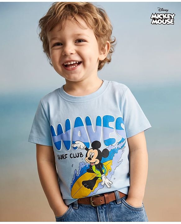 Babyhug Disney Single Jersey Knit Half Sleeves T-Shirt with Mickey Mouse Print -  Sky Blue