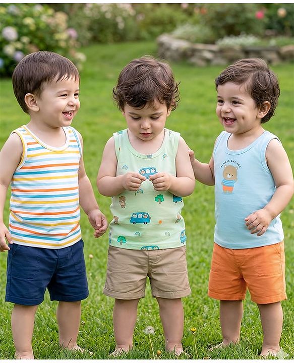 Babyhug 100% Cotton Single Jersey Knit Sleeveless Vests With Bear & Car Print Pack of 3 - Multicolor