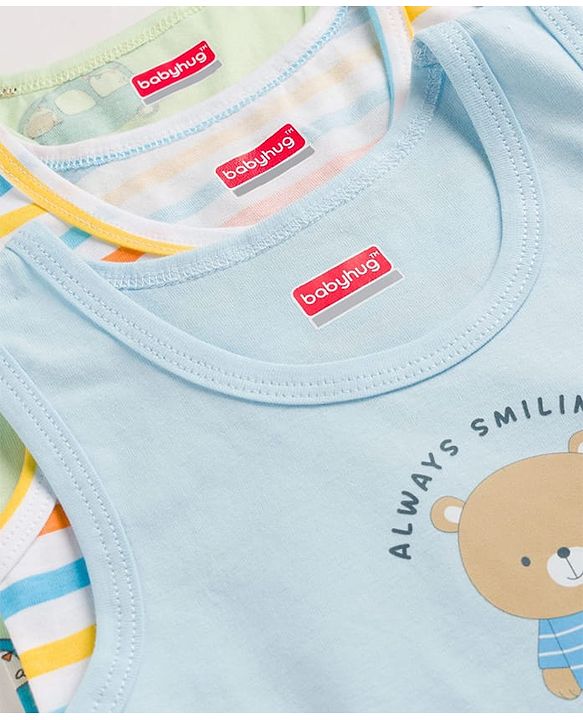 Babyhug 100% Cotton Single Jersey Knit Sleeveless Vests With Bear & Car Print Pack of 3 - Multicolor