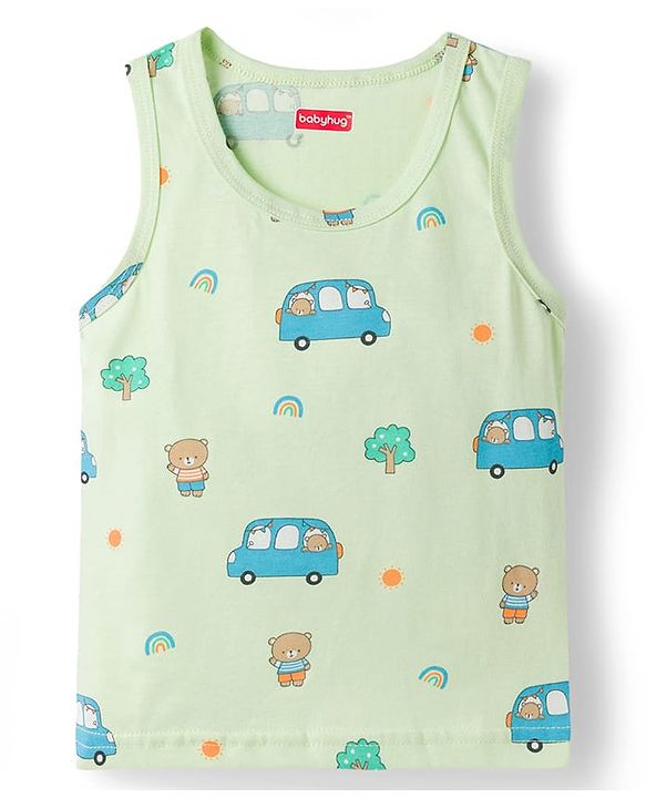 Babyhug 100% Cotton Single Jersey Knit Sleeveless Vests With Bear & Car Print Pack of 3 - Multicolor