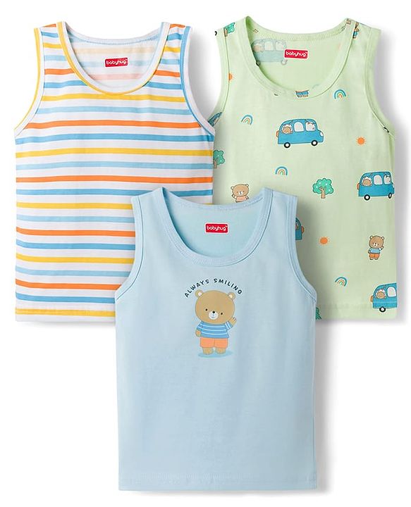 Babyhug 100% Cotton Single Jersey Knit Sleeveless Vests With Bear & Car Print Pack of 3 - Multicolor