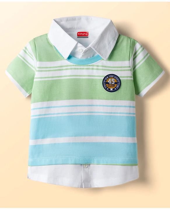 Babyhug 100% Cotton Knit Half Sleeves Overlapped Striped T-Shirt With Badge Detailing - Multicolor