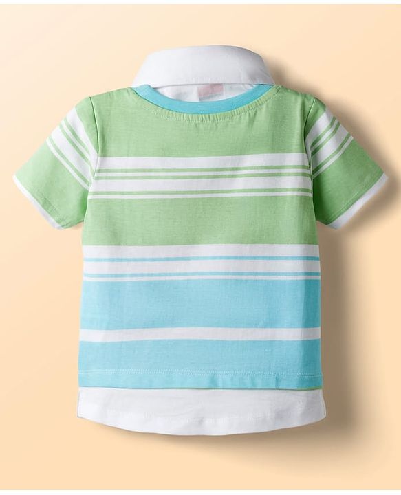 Babyhug 100% Cotton Knit Half Sleeves Overlapped Striped T-Shirt With Badge Detailing - Multicolor
