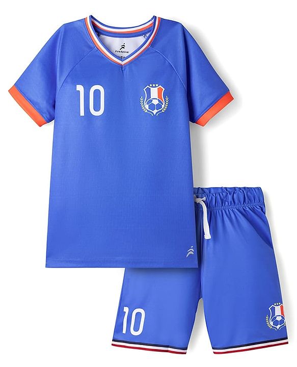 Pine Active Knit Half Raglan Sleeves T-Shirt & Shorts Set with France Football Print - Blue