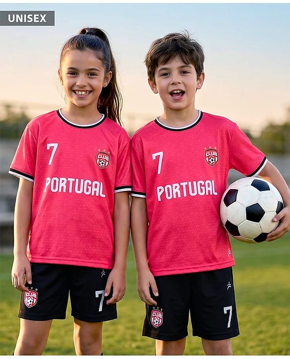 Pine Active Knit Half Sleeves T-Shirt With Shorts Football Set With Portugal Print - Red & Black