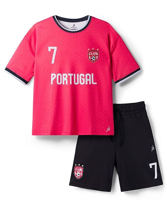Pine Active Knit Half Sleeves T-Shirt With Shorts Football Set With Portugal Print - Red & Black
