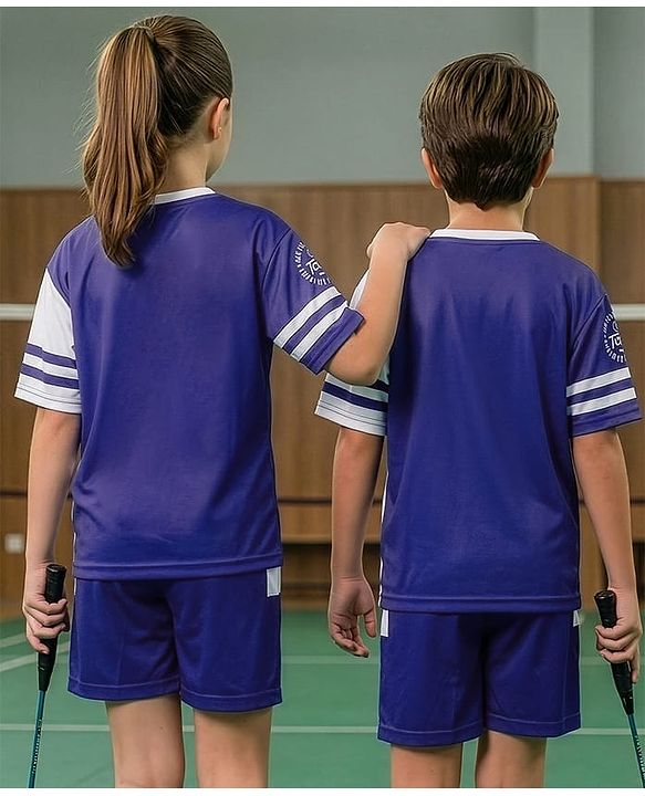 Pine Active Knit Drop Shoulder Half Sleeves T-Shirt & Shorts Set with Tennis Print - Navy Blue