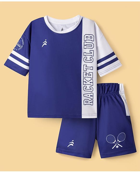 Pine Active Knit Drop Shoulder Half Sleeves T-Shirt & Shorts Set with Tennis Print - Navy Blue