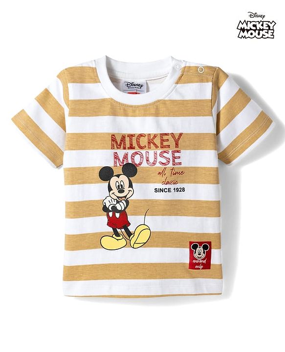 Babyhug Disney Single Jersey Knit Half Sleeves Striped T-Shirt with Mickey Mouse Print- White & Brown