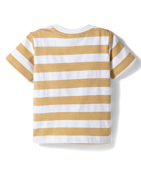 Babyhug Disney Single Jersey Knit Half Sleeves Striped T-Shirt with Mickey Mouse Print- White & Brown
