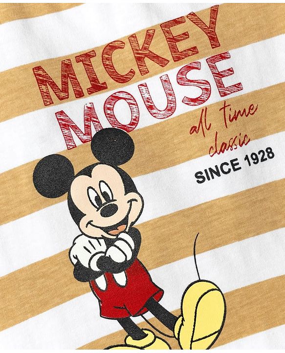 Babyhug Disney Single Jersey Knit Half Sleeves Striped T-Shirt with Mickey Mouse Print- White & Brown