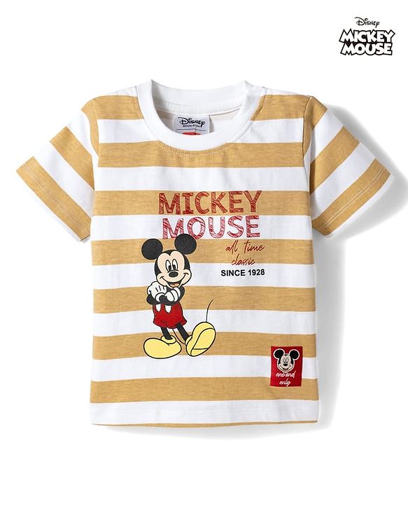 Babyhug Disney Single Jersey Knit Half Sleeves Striped T-Shirt with Mickey Mouse Print- White & Brown