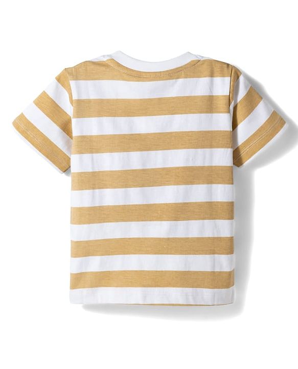 Babyhug Disney Single Jersey Knit Half Sleeves Striped T-Shirt with Mickey Mouse Print- White & Brown
