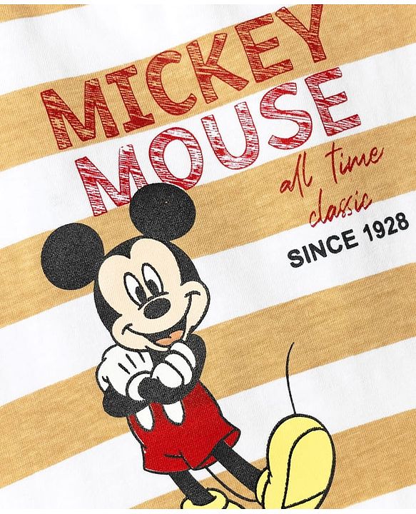 Babyhug Disney Single Jersey Knit Half Sleeves Striped T-Shirt with Mickey Mouse Print- White & Brown
