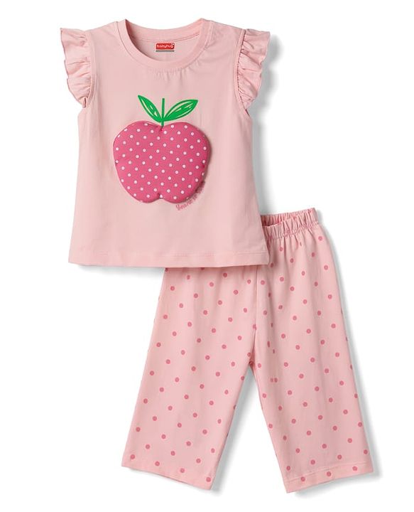 Babyhug Cotton Knit Half Sleeves T-Shirt & Capri Night Suit with Apple Patch - Pink