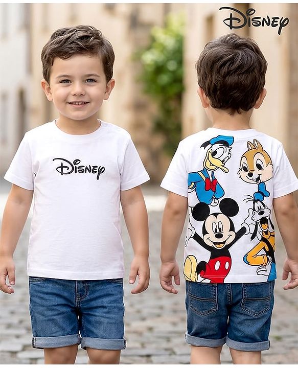 Babyhug Disney Single Jersey Knit Half Sleeves Front & Back Mickey & Friends Graphics - White