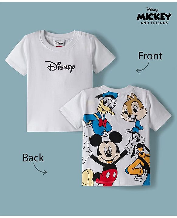 Babyhug Disney Single Jersey Knit Half Sleeves Front & Back Mickey & Friends Graphics - White