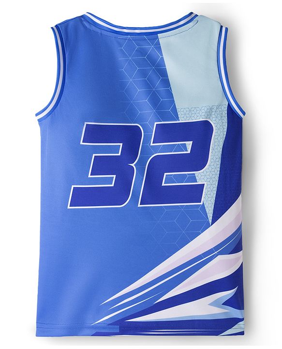 Pine Active Knit Sleeveless T-Shirt & Shorts Basketball Set With 32 Print - Blue