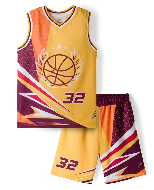 Pine Active Knit Sleeveless T-Shirt & Shorts Basket Ball Set - Yellow