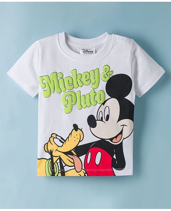 Babyhug Disney Single Jersey Knit Half Sleeves T-Shirt with Mickey & Pluto Graphics - White