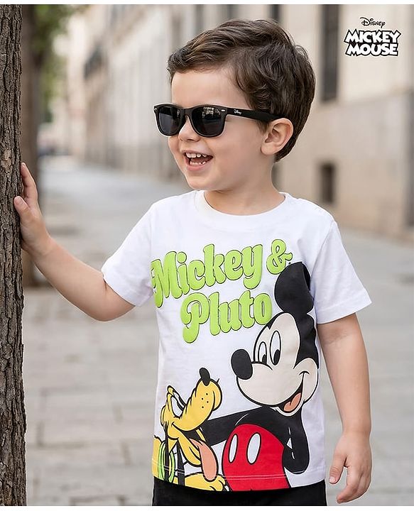 Babyhug Disney Single Jersey Knit Half Sleeves T-Shirt with Mickey & Pluto Graphics - White