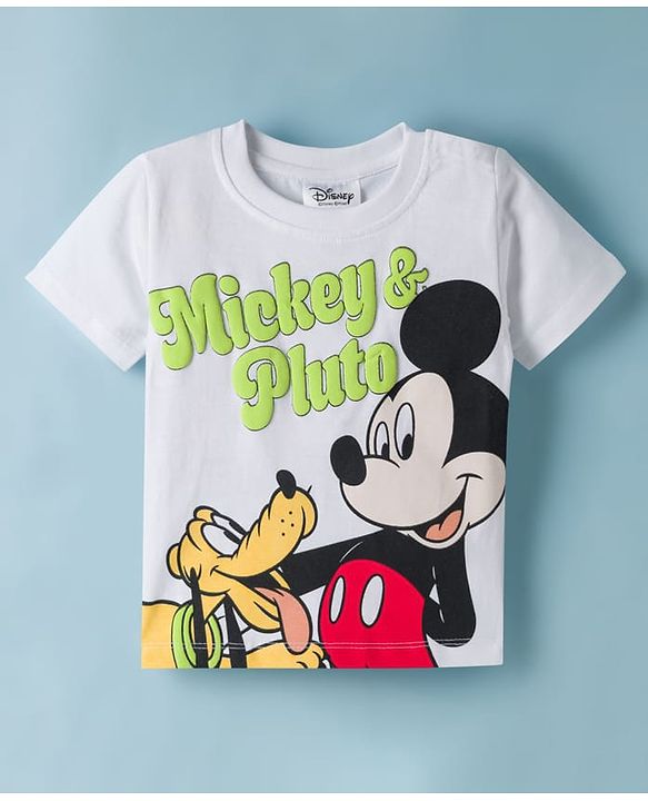 Babyhug Disney Single Jersey Knit Half Sleeves T-Shirt with Mickey & Pluto Graphics - White