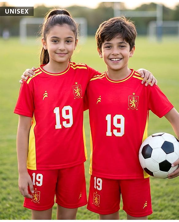 Pine Active Knit Half Sleeves T-Shirt With Shorts Football Set With 19 Print - Red