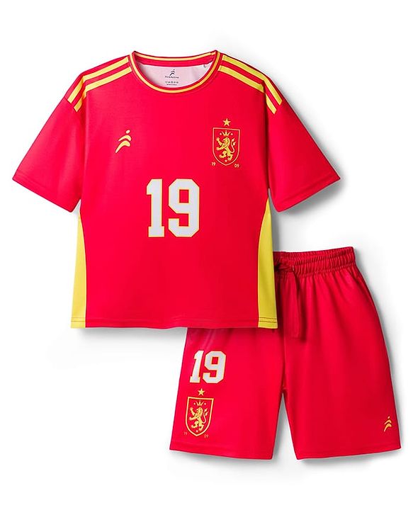 Pine Active Knit Half Sleeves T-Shirt With Shorts Football Set With 19 Print - Red