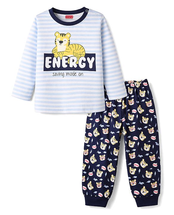 Babyhug Cotton Knit Full Sleeves T-Shirt & Pyjama Night Suit with Tiger Print - Light Blue