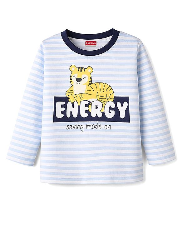 Babyhug Cotton Knit Full Sleeves T-Shirt & Pyjama Night Suit with Tiger Print - Light Blue