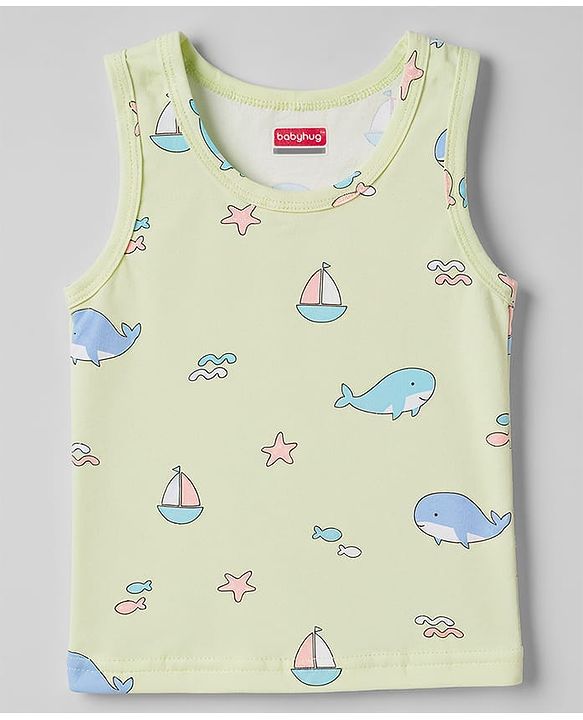 Babyhug 100% Cotton Single Jersey Knit Sleeveless Striped & Boat Printed Sando Pack Of 3 - Multicolour