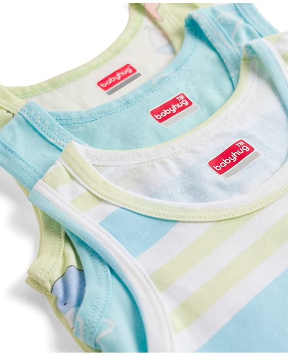 Babyhug 100% Cotton Single Jersey Knit Sleeveless Striped & Boat Printed Sando Pack Of 3 - Multicolour