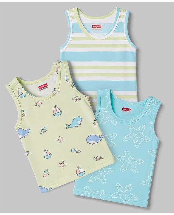Babyhug 100% Cotton Single Jersey Knit Sleeveless Striped & Boat Printed Sando Pack Of 3 - Multicolour